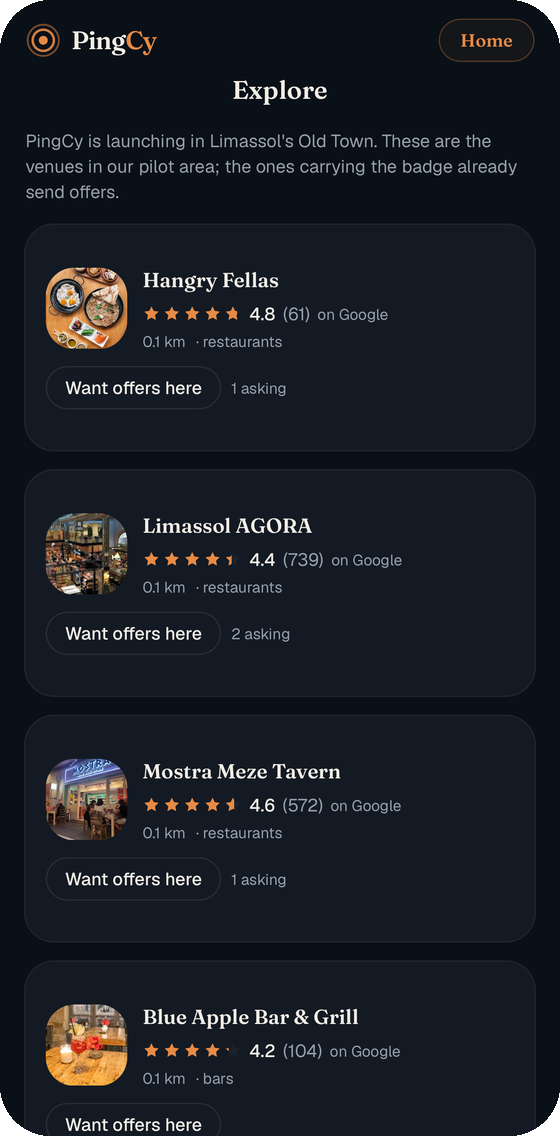 The Explore screen listing Old Town venues with their Google ratings