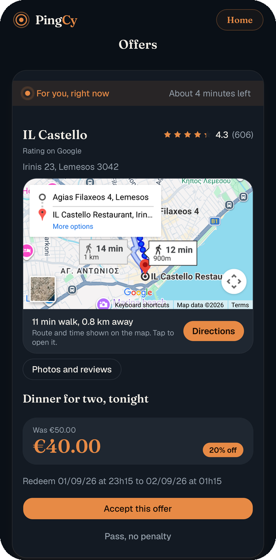 A PingCy offer: Meze for two at IL Castello, €60 now €45, a 2 minute walk away