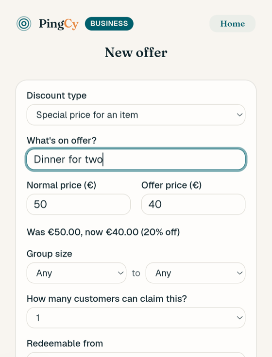 The New offer form filled in with prices